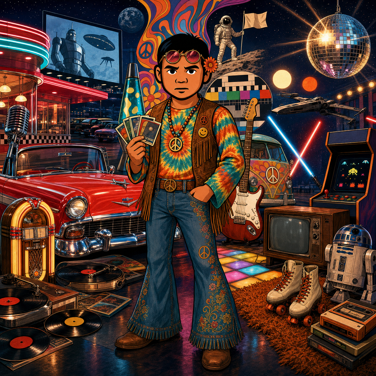 CardCore Kai avatar in colorful hippie clothing surrounded by a 1950s diner, classic car, moon landing, disco ball, arcade game, and vintage pop-culture memorabilia.