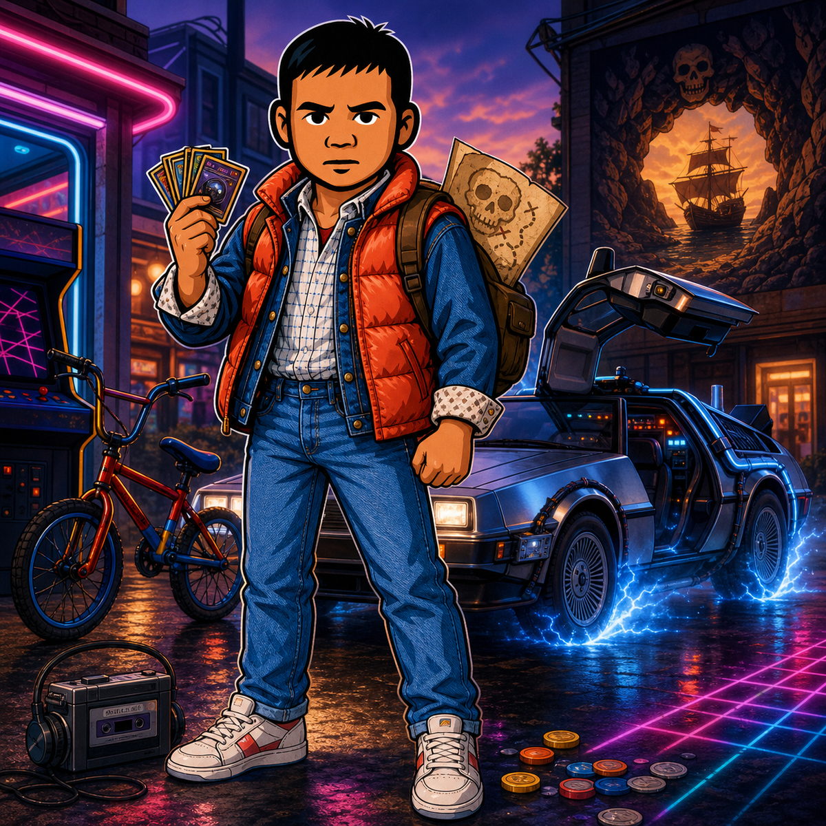 CardCore Kai avatar wearing a red puffer vest and denim jacket beside a time-machine car, BMX bike, arcade machine, cassette player, and pirate treasure imagery.