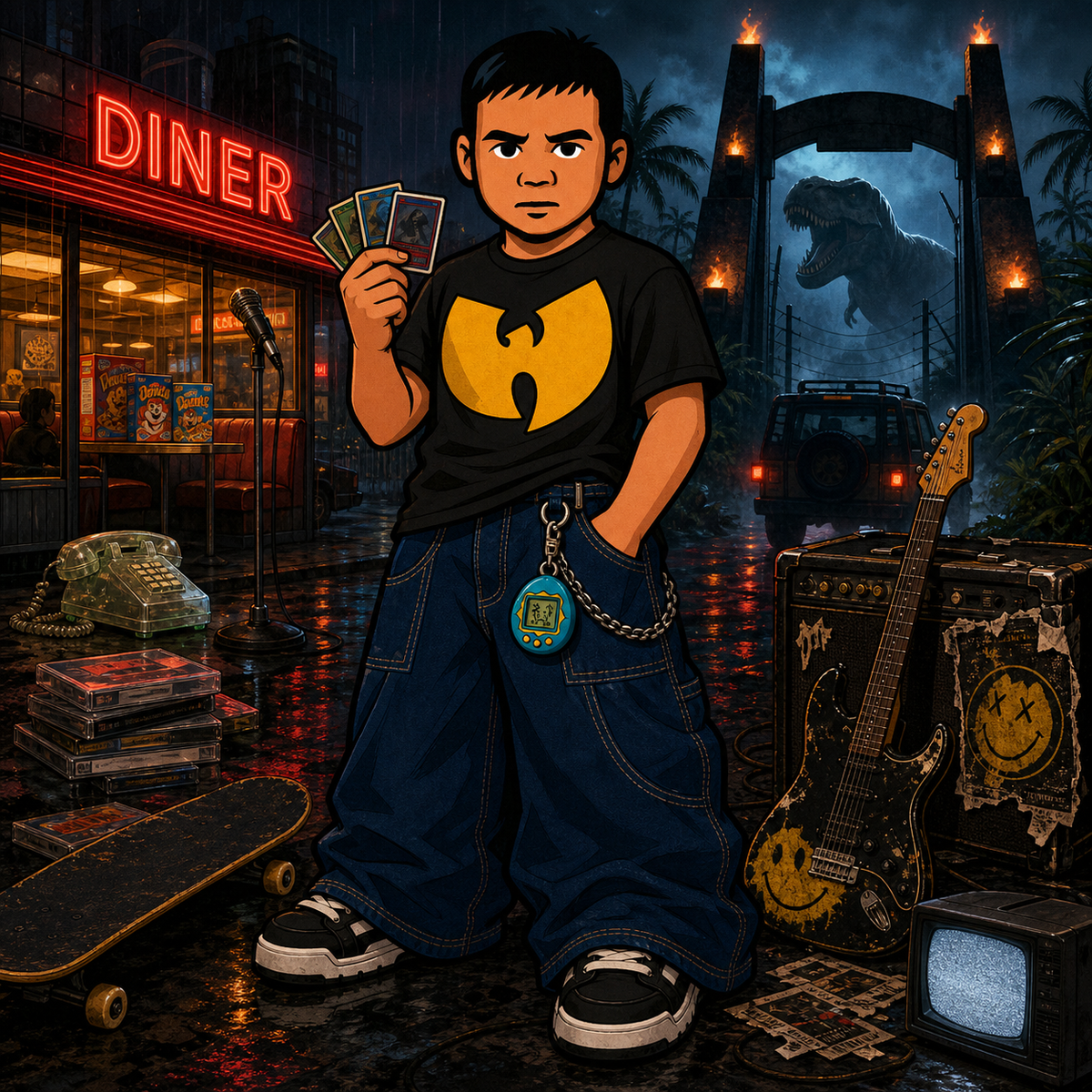 CardCore Kai avatar in a Wu-Tang shirt and oversized jeans with a digital pet, dinosaur park, New York diner, skateboard, guitar, cassettes, and CRT television.