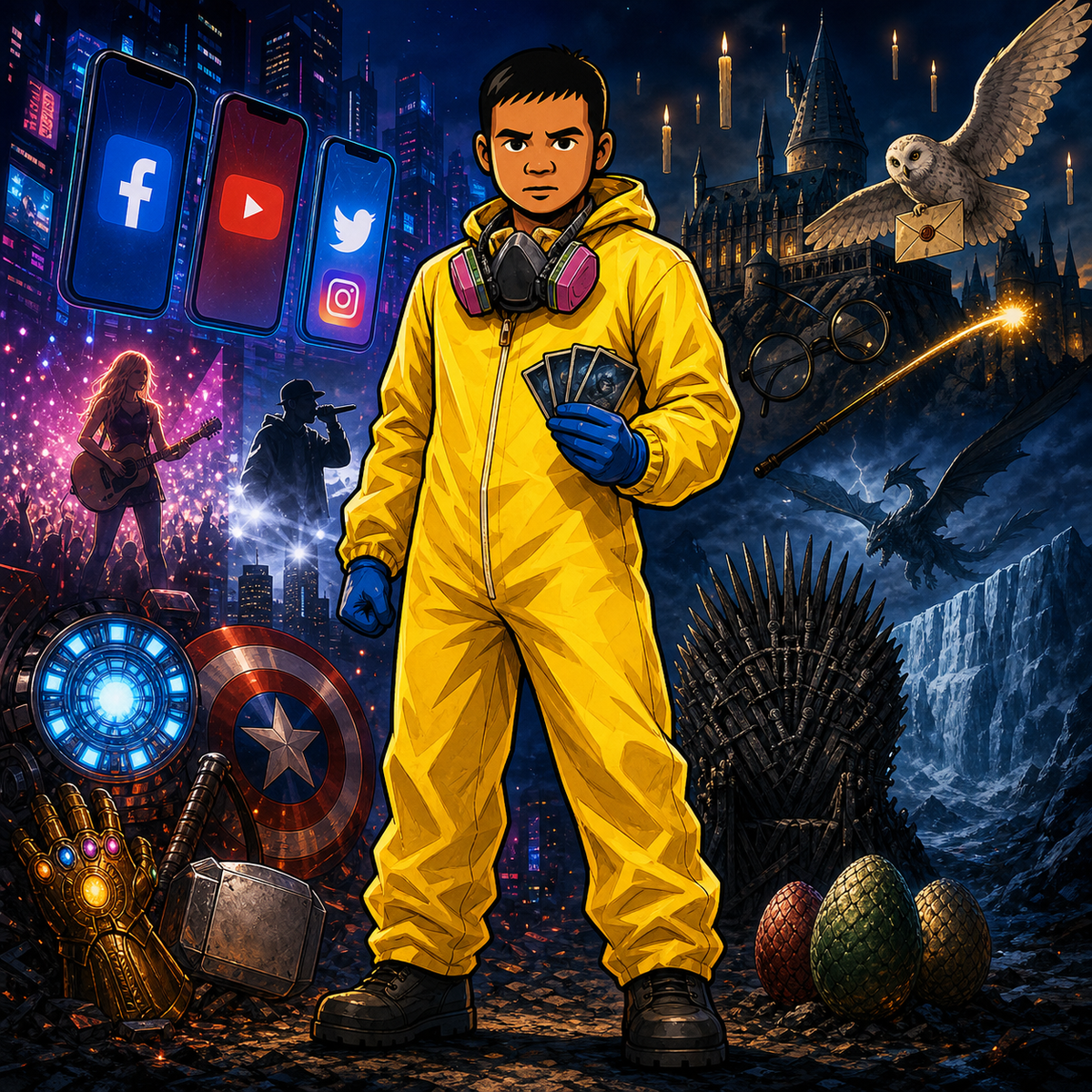 CardCore Kai avatar in a yellow protective suit surrounded by social-media screens, superhero props, music stages, a wizarding castle, dragons, and a sword throne.
