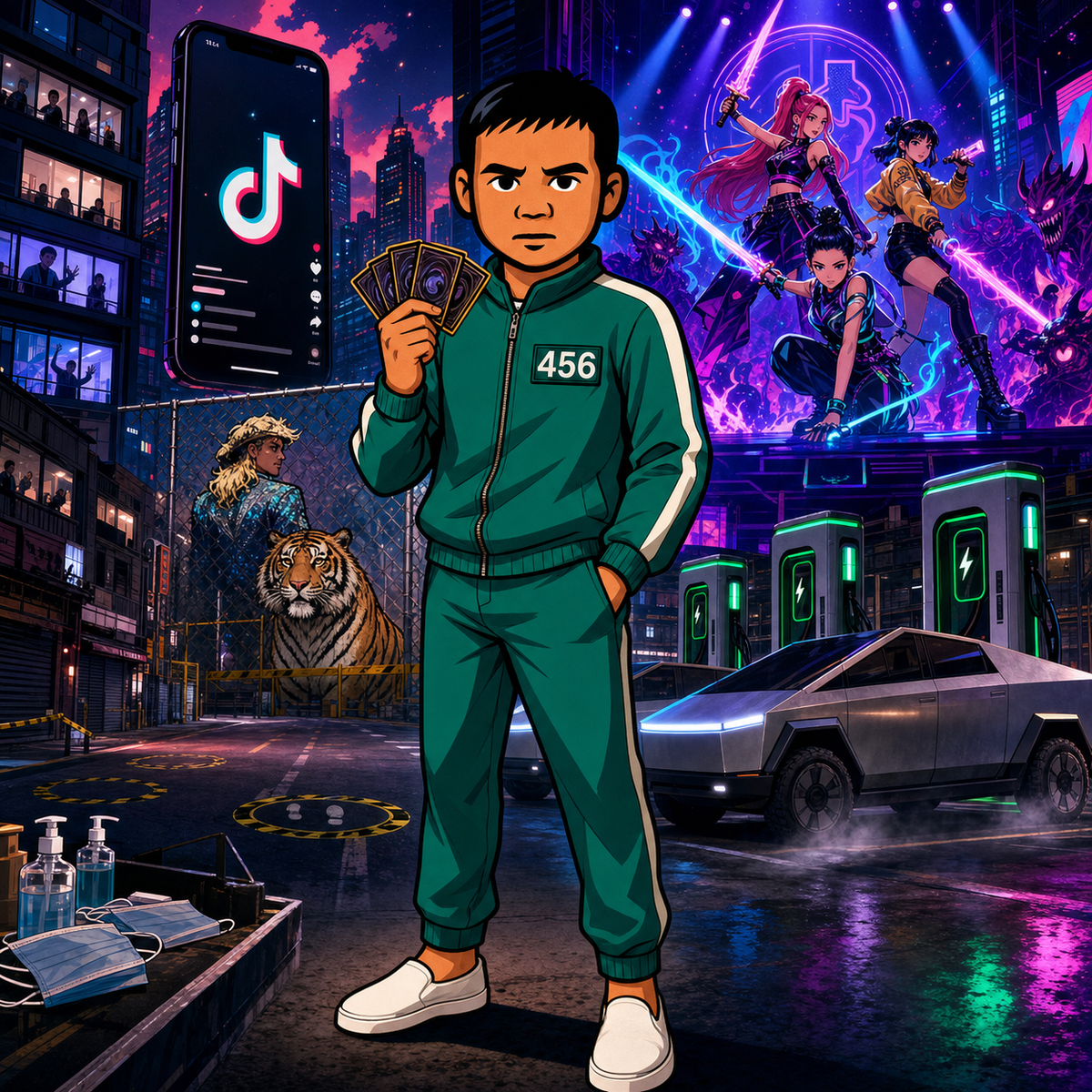 CardCore Kai avatar in a pink survival-game guard uniform with a square mask, surrounded by TikTok imagery, lockdown supplies, a tiger, an electric truck, and K-pop fantasy performers.