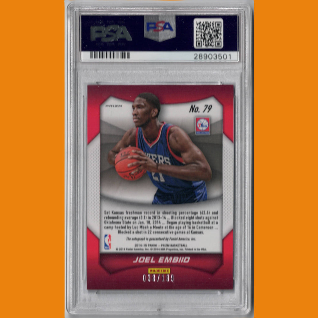 2014 Panini Prizm Joel Embiid Rookie Card Blue Pulsar Auto #79 PSA 10 / Auto 10