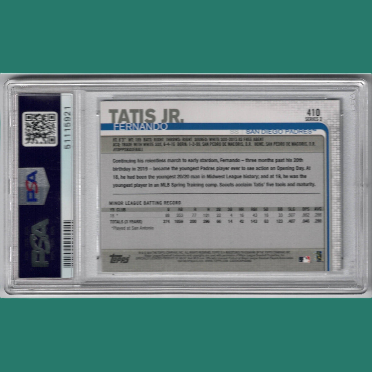 2019 Topps Fernando Tatis Jr. Rookie Card PSA 10