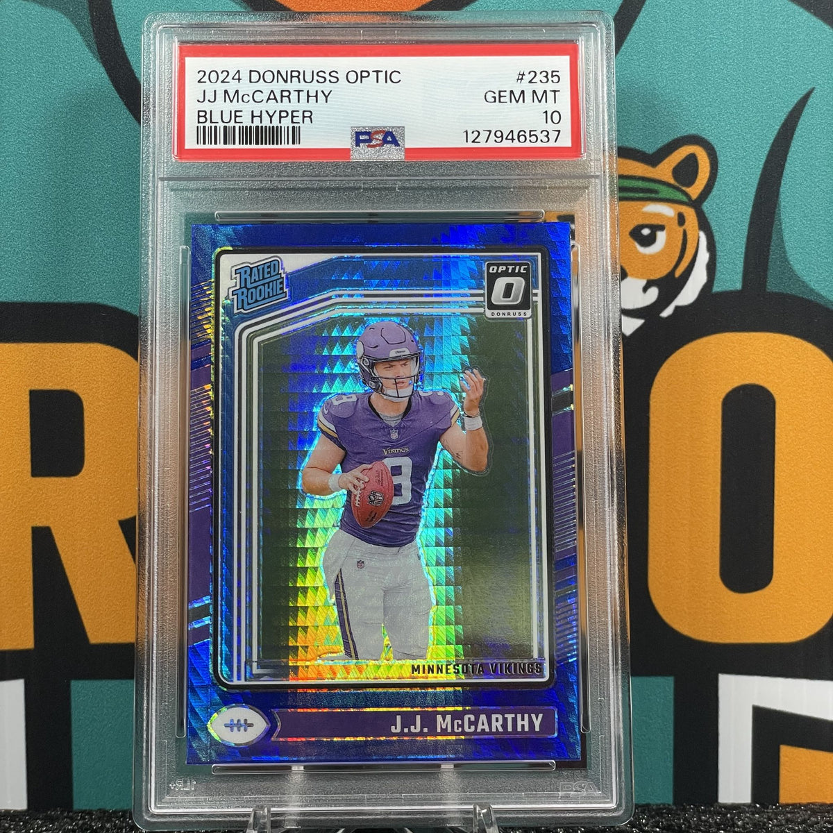 2024 Donruss Optic JJ McCarthy Blue Hyper Parallel #235 RC PSA 10 Minnesota Vikings Rookie Card