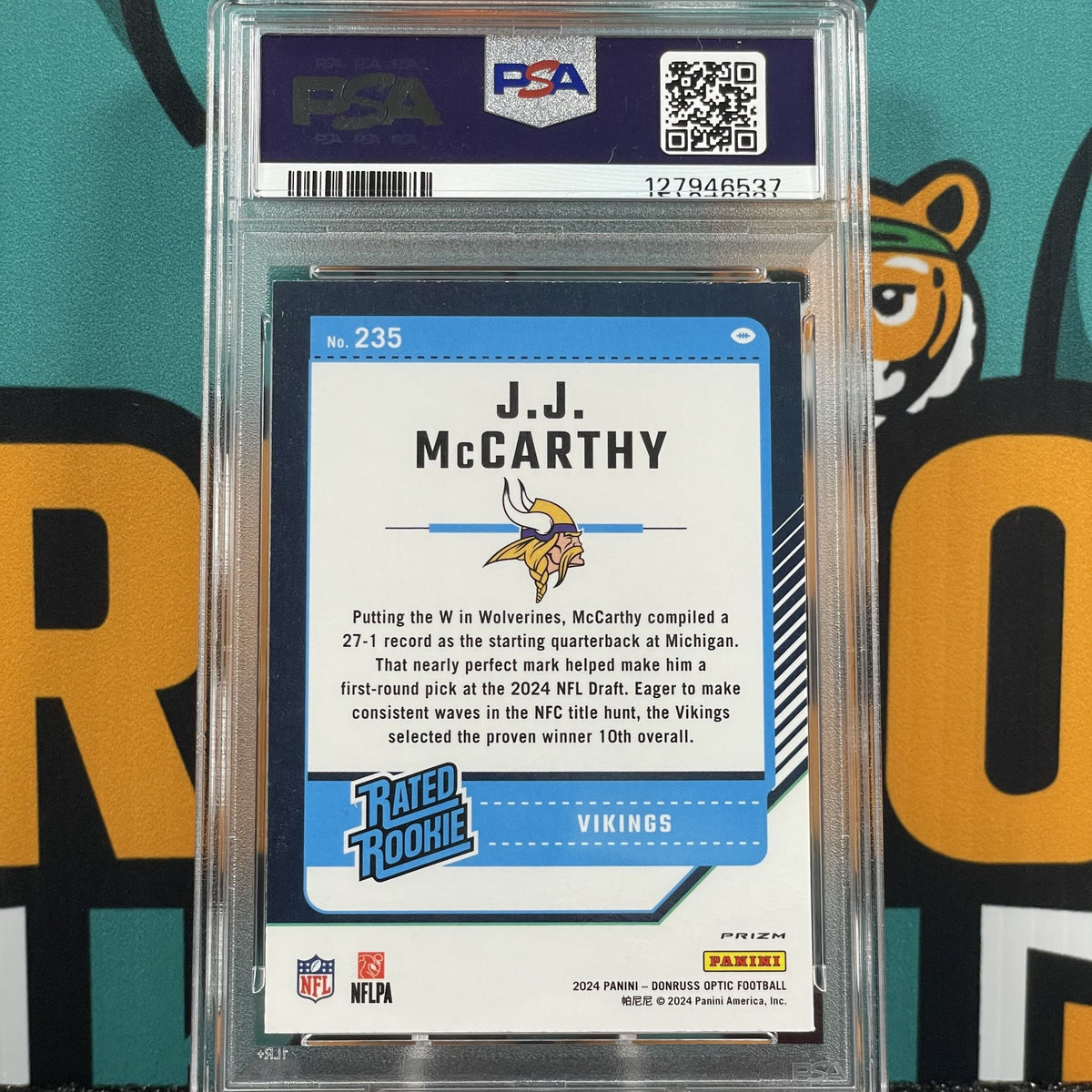 2024 Donruss Optic JJ McCarthy Blue Hyper Parallel #235 RC PSA 10 Minnesota Vikings Rookie Card