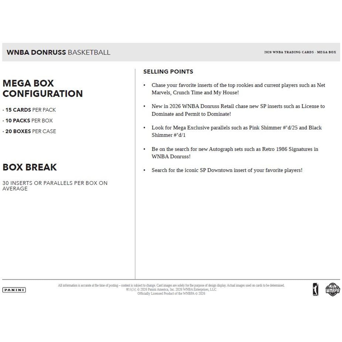 2026 Donruss WNBA Basketball 20-Mega Box Case – New! Look for the Ultra-Rare Downtown Inserts