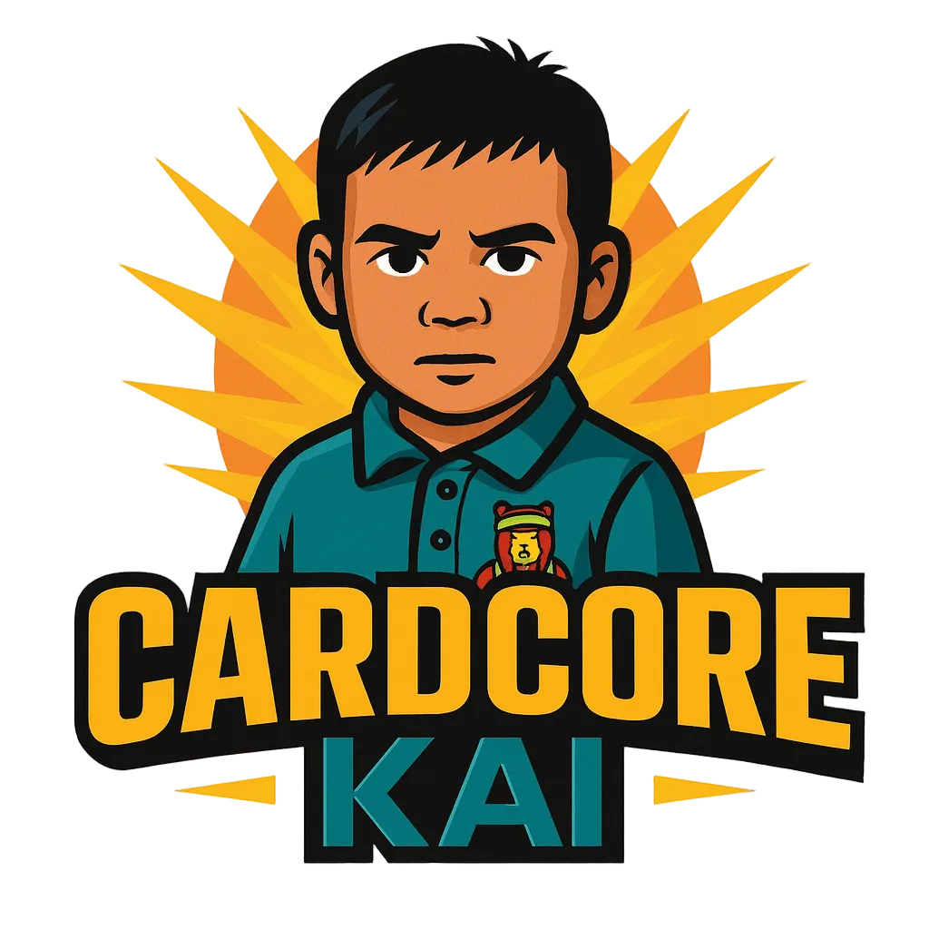 A stylized illustrated character wearing a teal polo shirt with a small bear patch, set against a yellow sunburst on a light background, with large text reading 'CARDCORE KAI' below.