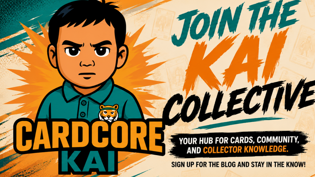 Promotional graphic for Cardcore Kai, featuring a cartoon illustration of a young man with an angry expression wearing a teal polo shirt with a tiger emblem. The text reads 'JOIN THE KAI COLLECTIVE' and 'CARDCORE KAI' in bold stylized lettering over a textured beige and orange background.
