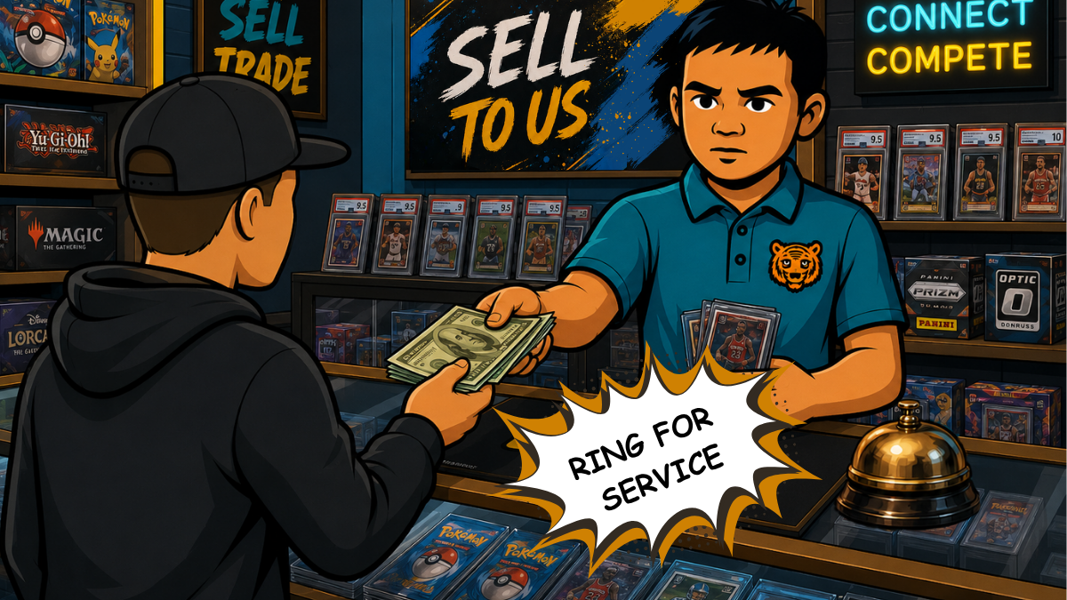 Cartoon-style illustration of a person in a black hoodie and cap handing cash to a store clerk wearing a teal polo shirt with a tiger logo. The scene shows card trading store shelves, signs reading 'SELL TO US' and 'CONNECT COMPETITE', and a speech bubble that says 'RING FOR SERVICE'.