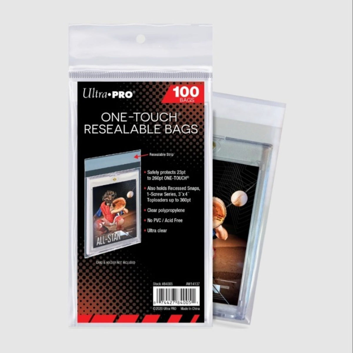 Ultra PRO One-Touch Resealable Bags pack of 100 clear plastic card sleeves, shown in its retail packaging with one sample bag visible outside the package.